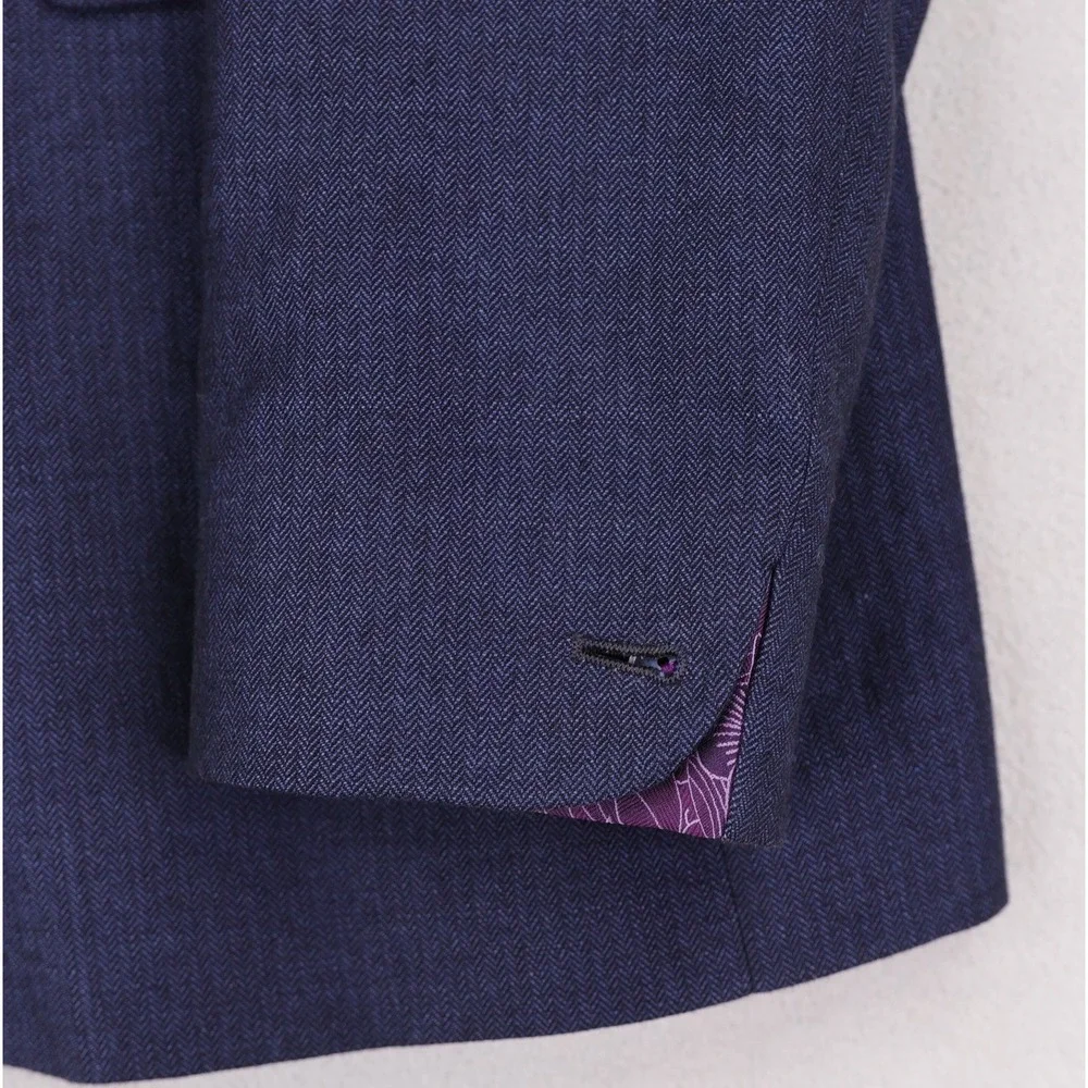 Ted Baker Blazer Sport Coat Size 3 (38) Blue Linen Cotton Purple Lining Popping